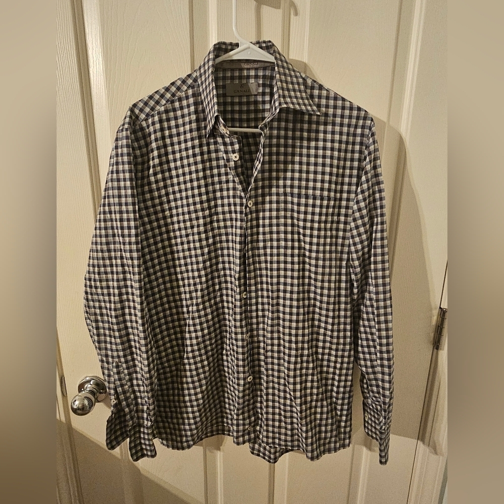 Canali Men's Plaid Button Down Dress Shirt Cotton White Blue Gray Size M
